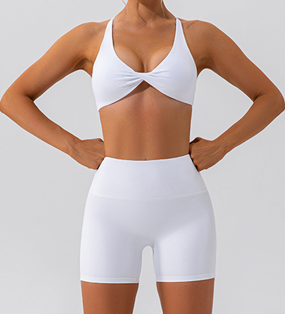 Summer Women Multi-Purpose Workout Outfit, Sexy Twist Cross Back Sports Bra with High Waist Biker Shorts, Naked Feel Stretch Activewear Set Available in Various Dopamine Colors for Yoga Gym Daily Training
