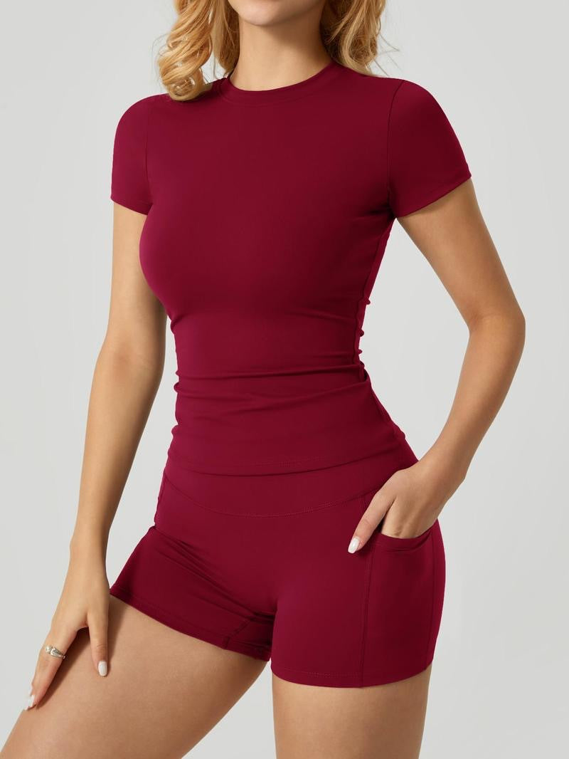 Crew Neck Short Sleeve Crop T-Shirt & High Waist Biker Shorts With Pockets