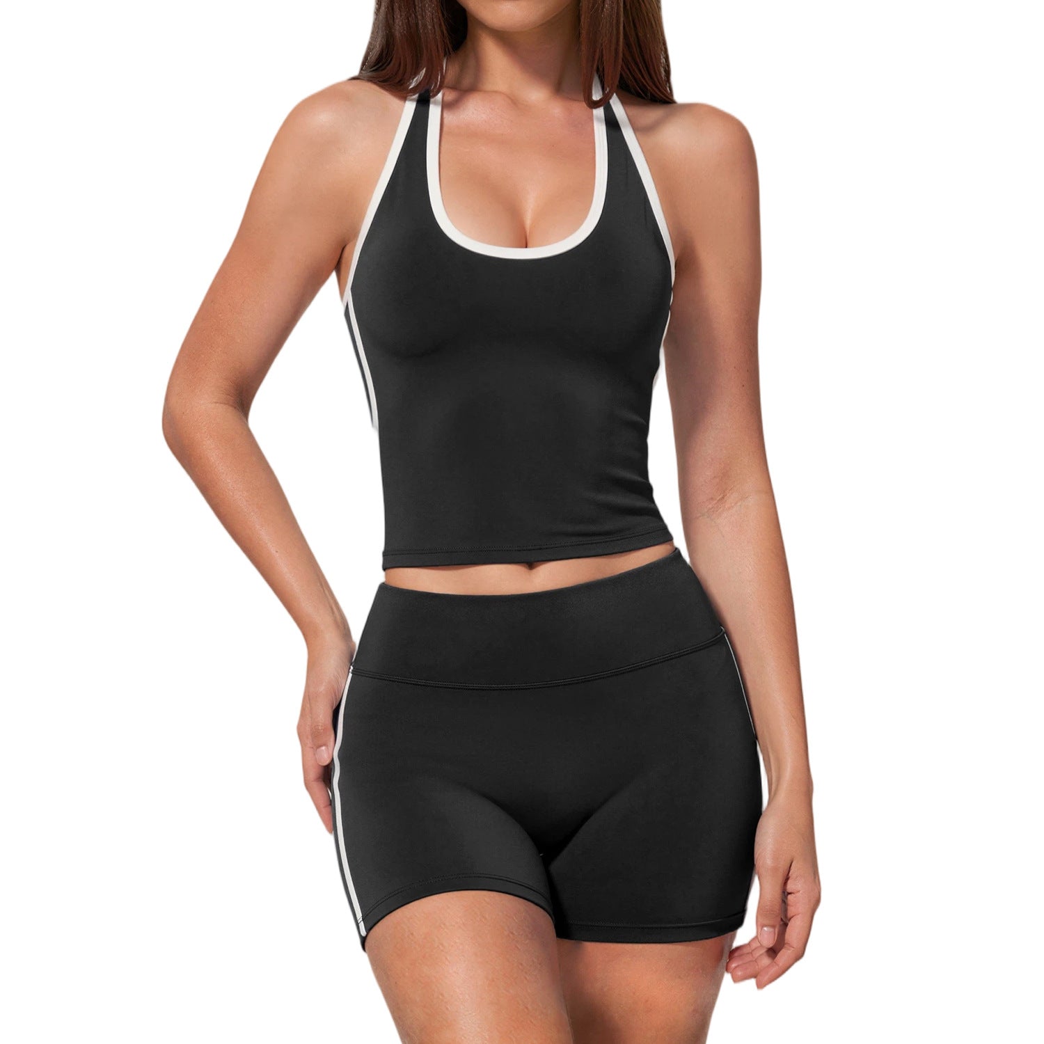 Summer Women's Casual Multi-Sport Contrast Trim Activewear Set, Halter Crop Tank Top & High Waist Biker Shorts, Multiple Dopamine Colors for Gym Yoga Daily Casual Wear