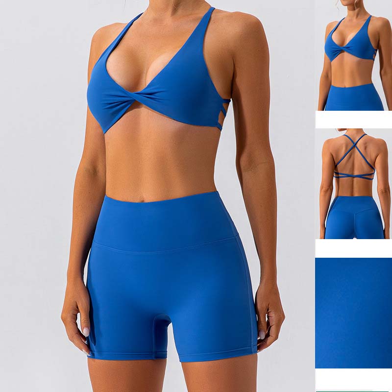Summer Women Multi-Purpose Workout Outfit, Sexy Twist Cross Back Sports Bra with High Waist Biker Shorts, Naked Feel Stretch Activewear Set Available in Various Dopamine Colors for Yoga Gym Daily Training