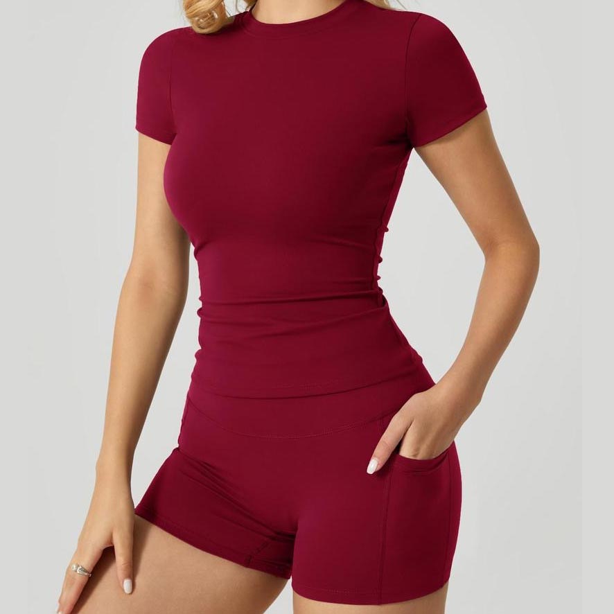 Crew Neck Short Sleeve Crop T-Shirt & High Waist Biker Shorts With Pockets