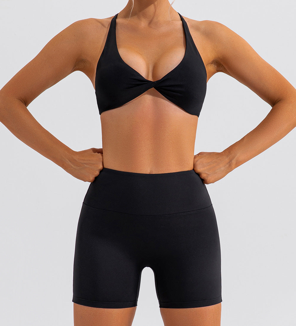 Summer Women Multi-Purpose Workout Outfit, Sexy Twist Cross Back Sports Bra with High Waist Biker Shorts, Naked Feel Stretch Activewear Set Available in Various Dopamine Colors for Yoga Gym Daily Training