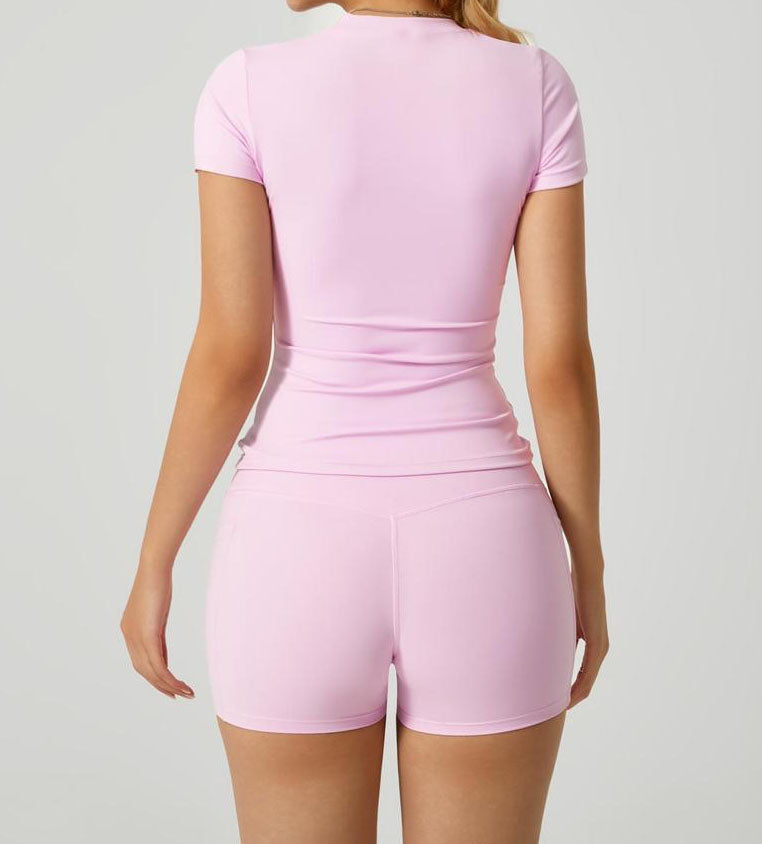 Crew Neck Short Sleeve Crop T-Shirt & High Waist Biker Shorts With Pockets