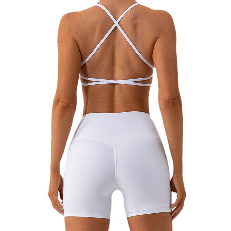 Summer Women Multi-Purpose Workout Outfit, Sexy Twist Cross Back Sports Bra with High Waist Biker Shorts, Naked Feel Stretch Activewear Set Available in Various Dopamine Colors for Yoga Gym Daily Training