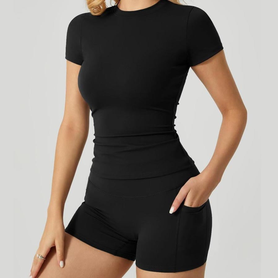 Crew Neck Short Sleeve Crop T-Shirt & High Waist Biker Shorts With Pockets