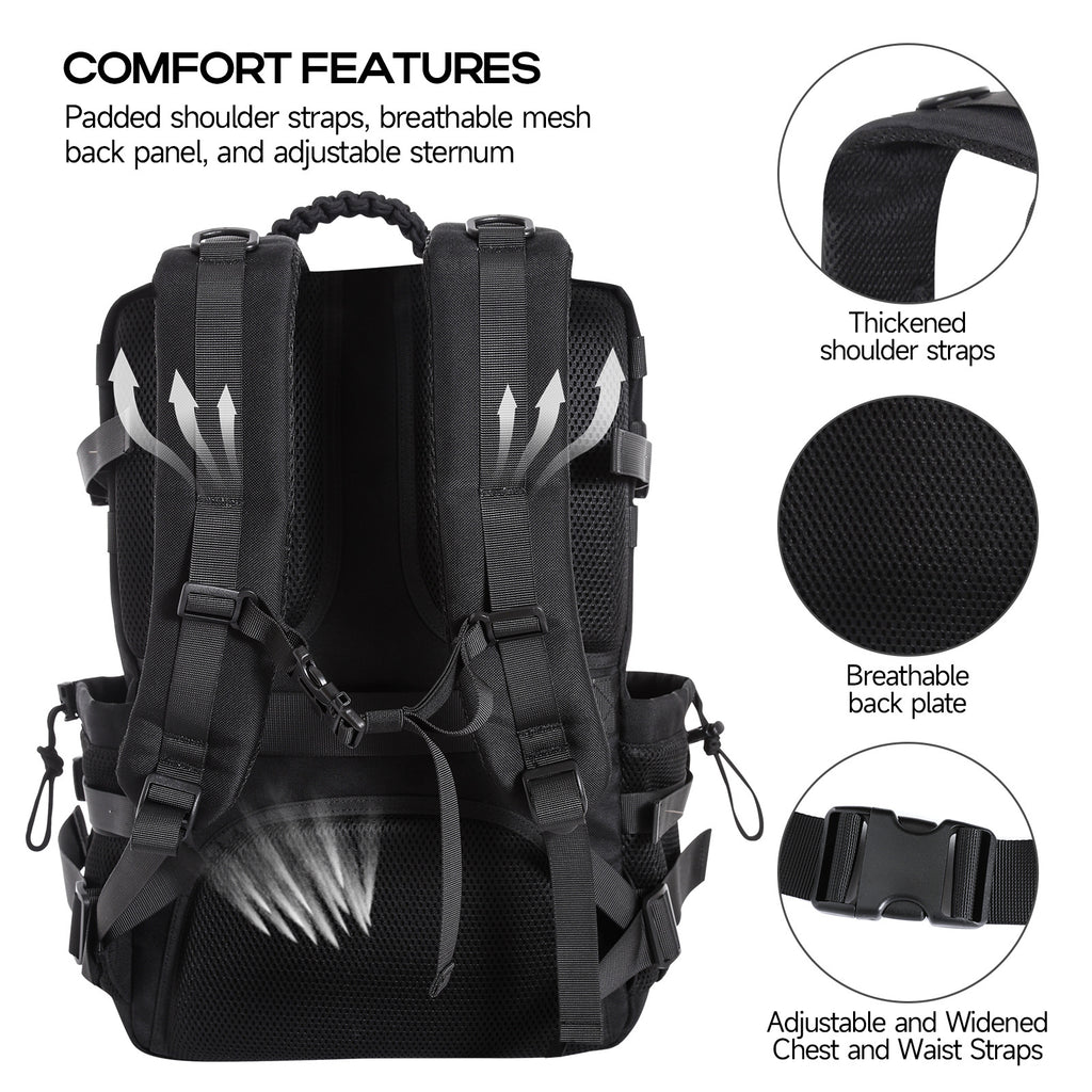 Big Capacity Heavy Duty Nylon Hiking Backpack, Soft Padded Back, MOLLE System, Laptop Sleeve, Independent Shoe Compartment, Luggage Sleeve, Outdoor Sports Day Hike Travel