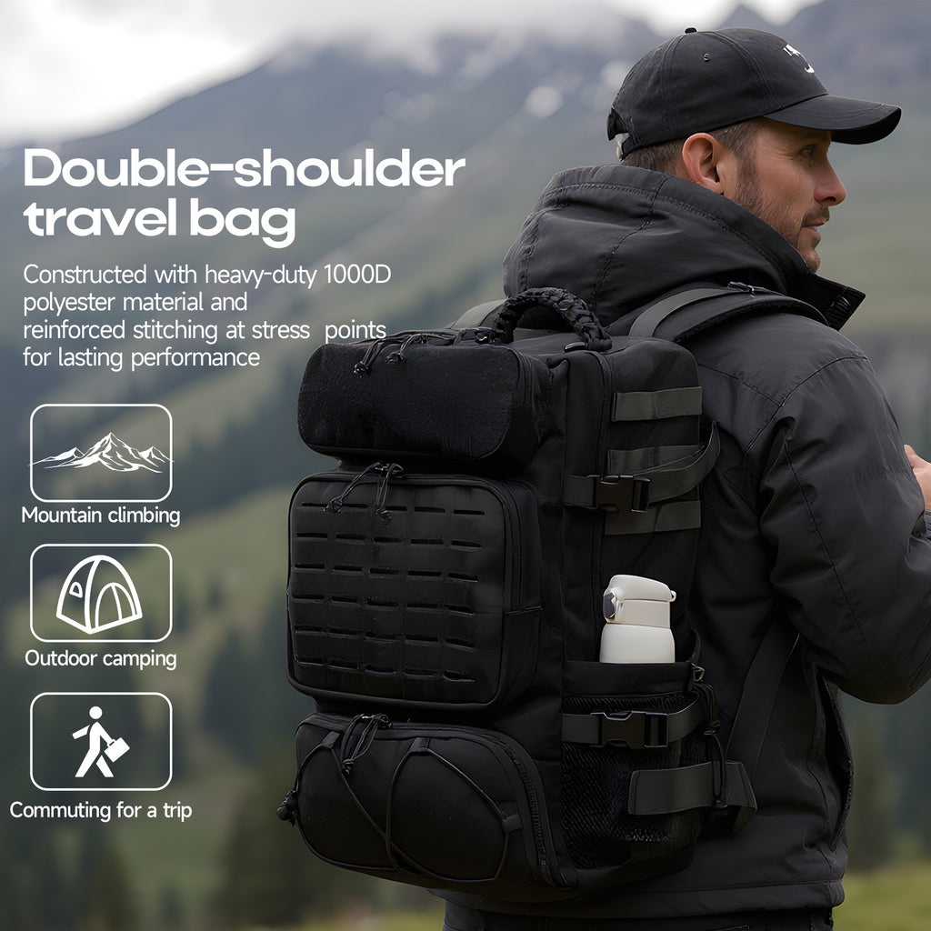 Big Capacity Heavy Duty Nylon Hiking Backpack, Soft Padded Back, MOLLE System, Laptop Sleeve, Independent Shoe Compartment, Luggage Sleeve, Outdoor Sports Day Hike Travel