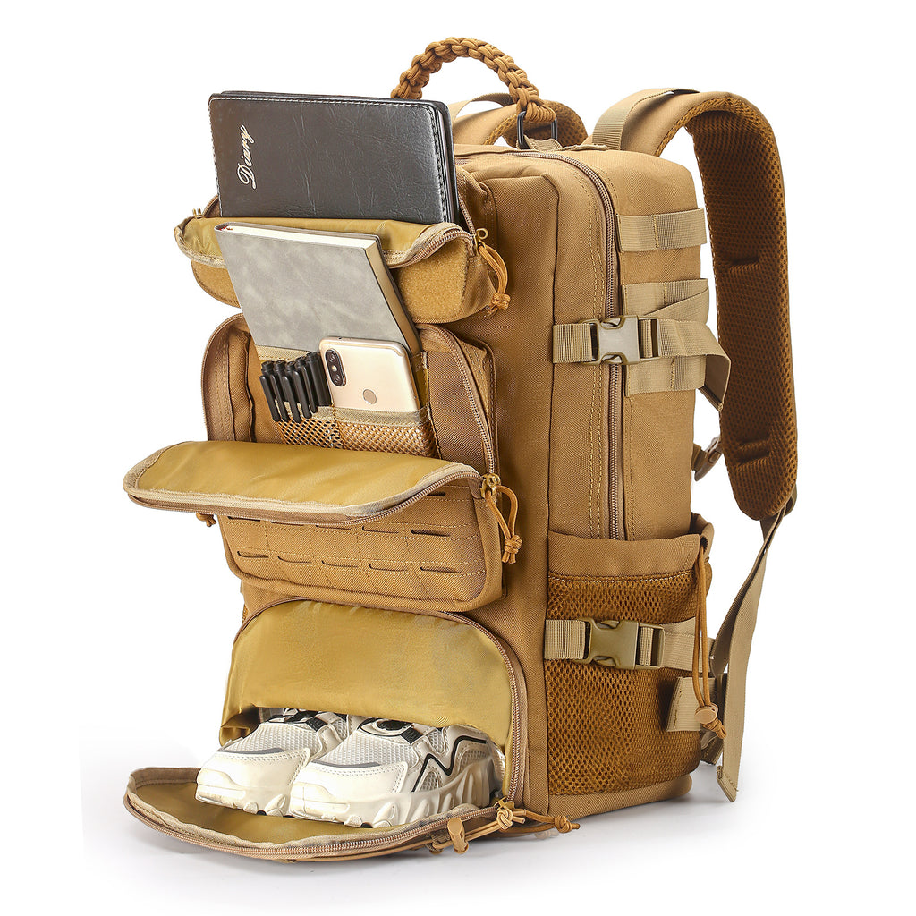 Big Capacity Heavy Duty Nylon Hiking Backpack, Soft Padded Back, MOLLE System, Laptop Sleeve, Independent Shoe Compartment, Luggage Sleeve, Outdoor Sports Day Hike Travel